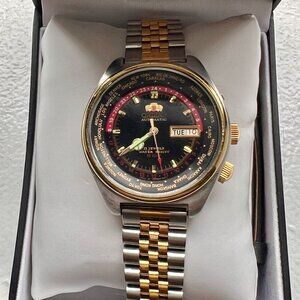 ORIENT Automatic World Time RED&BLACK 21 Jewels 469EE6-71 5 BAR - VINTAGE NEW!